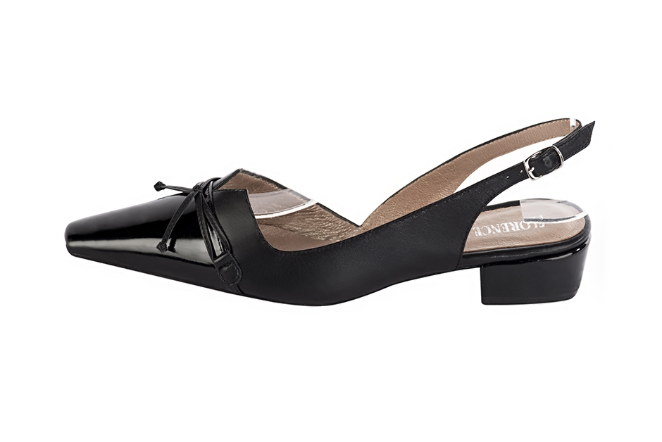 Dress slingback bow heels in gloss black and satin black leather with low block heels and tapered toe - Profile view